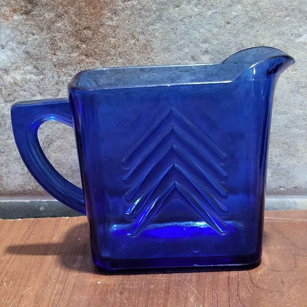 Vintage Cobalt Blue Chevron Pattern Depression Glass Creamer Pitcher